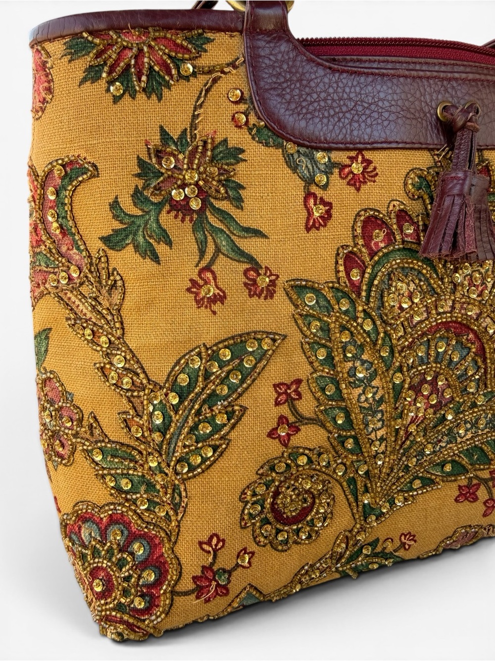Rare Vtg Isabella Fiore Large Beaded Sequin Mustard Paisley Tote - Picture 3 of 14